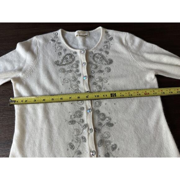 100% Cashmere Cardigan Sweater Womens Small Ivory Beaded Crystal Button - Picture 7 of 9